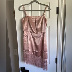 Lulus Blush Satin Asymmetrical Fringe Mini Dress